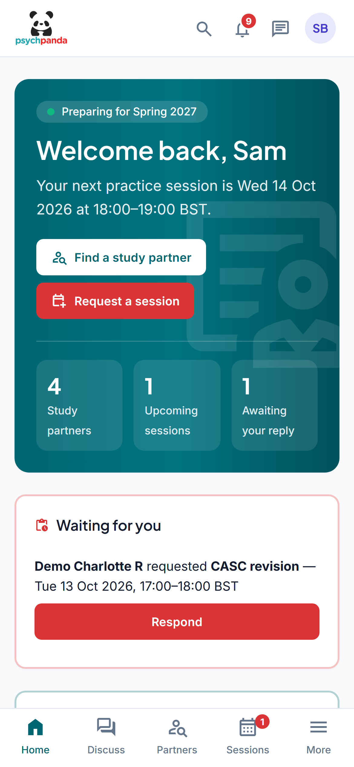 Your dashboard: Your next session and anything waiting for you.