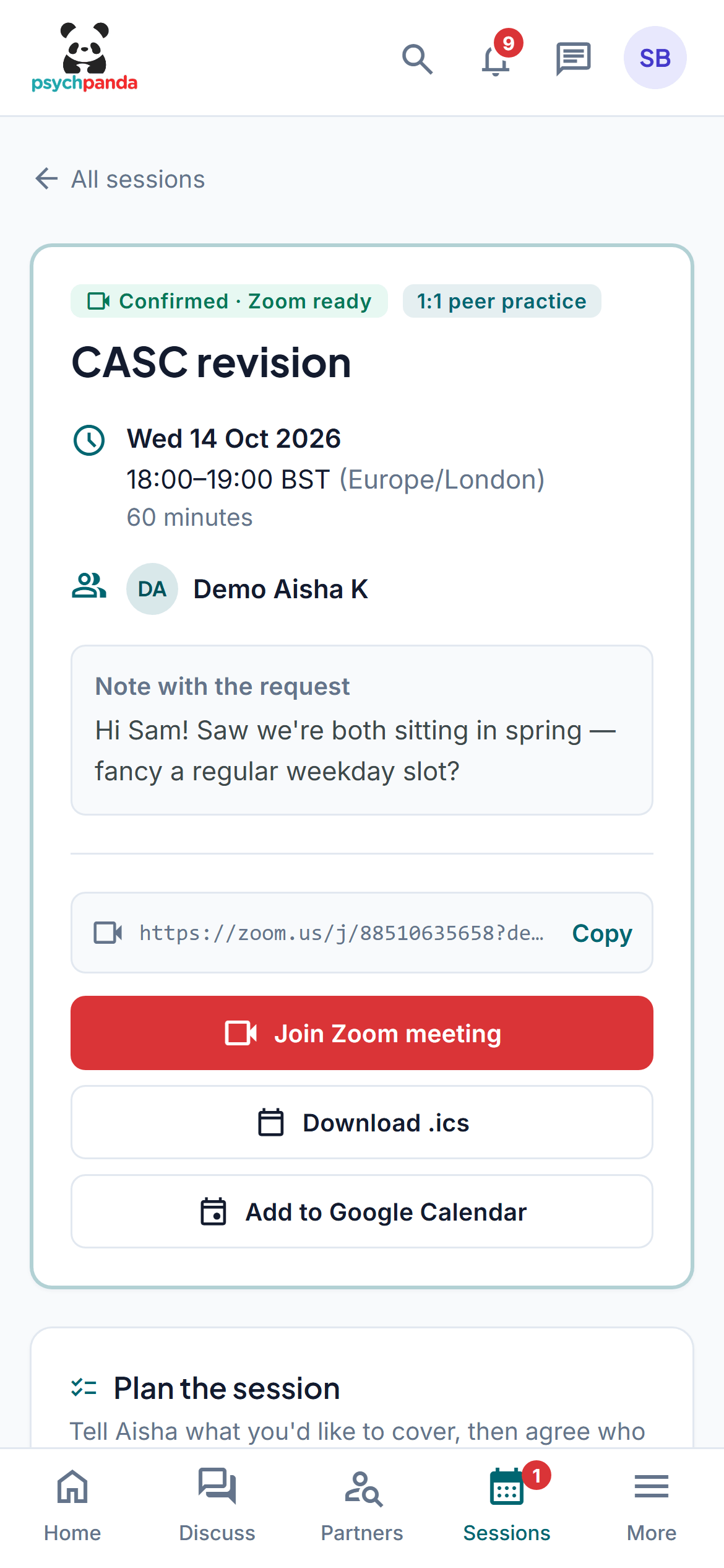 Plan a session: Zoom link made for you; plan what to cover.
